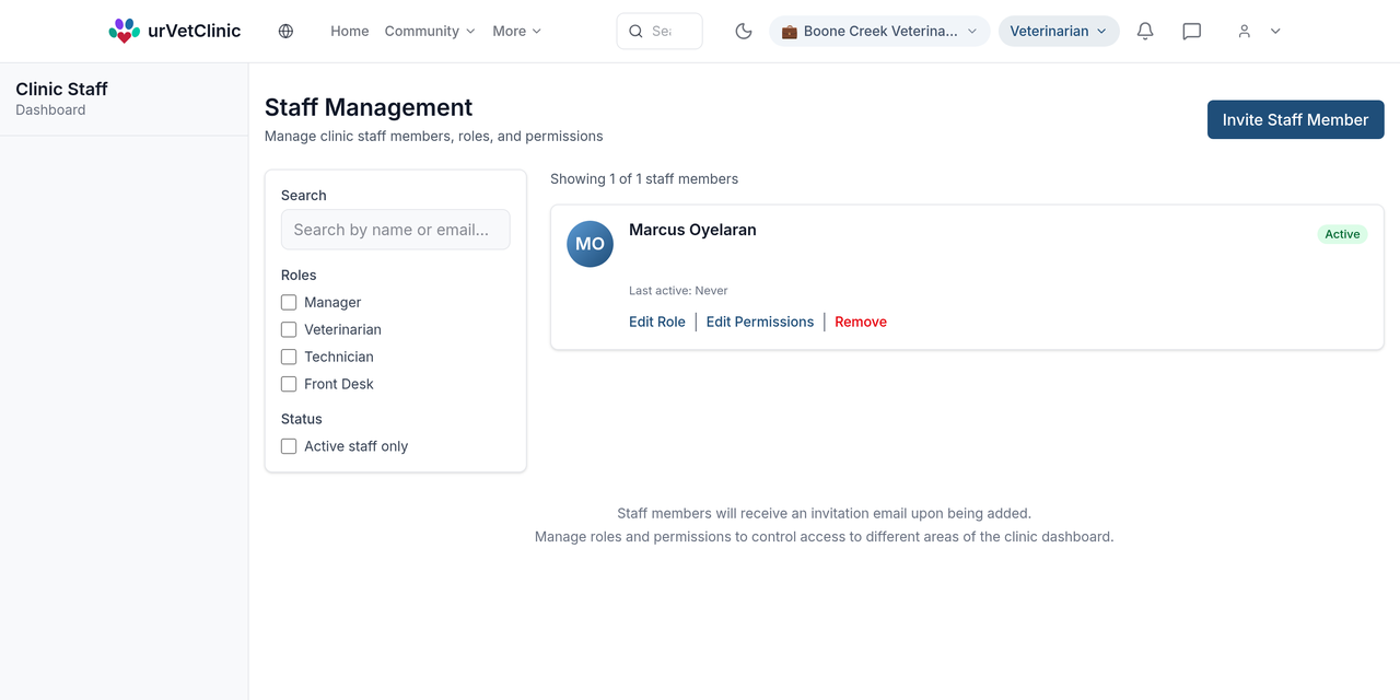 A clinic staff management screen listing a staff member with role and permission controls, and filters for manager, veterinarian, technician and front desk